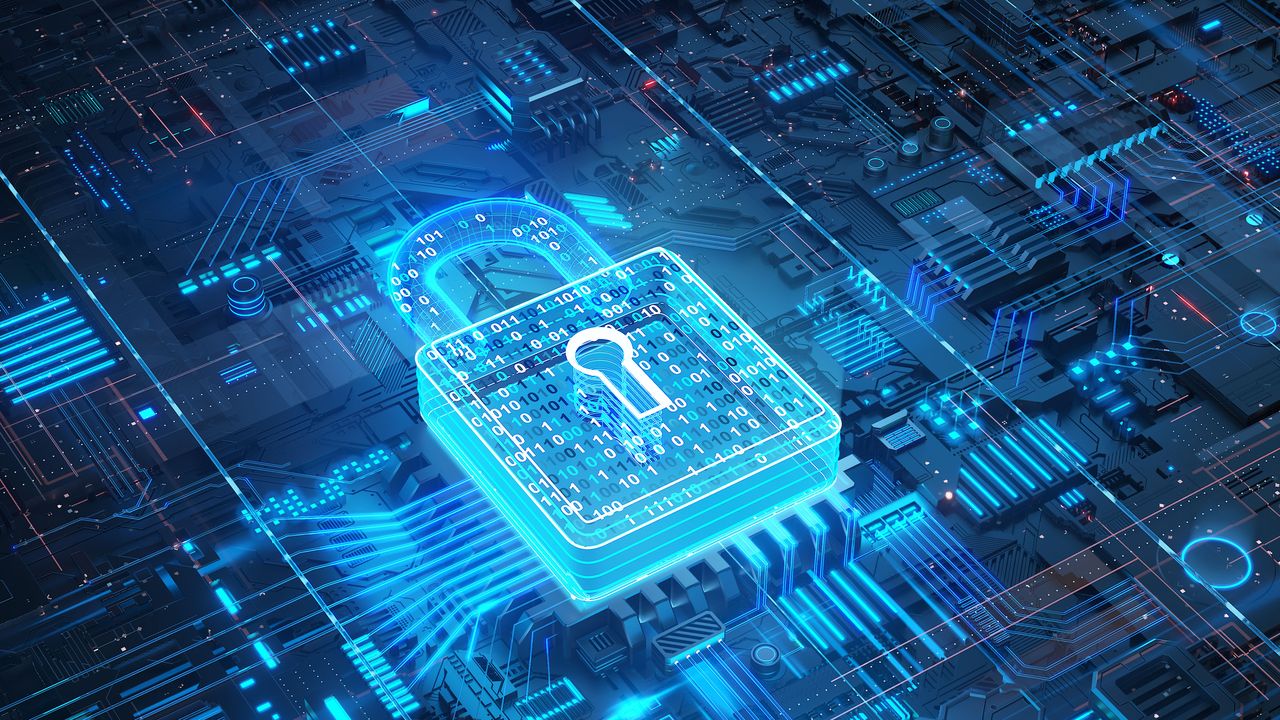 Digital data security padlock on futuristic circuit board